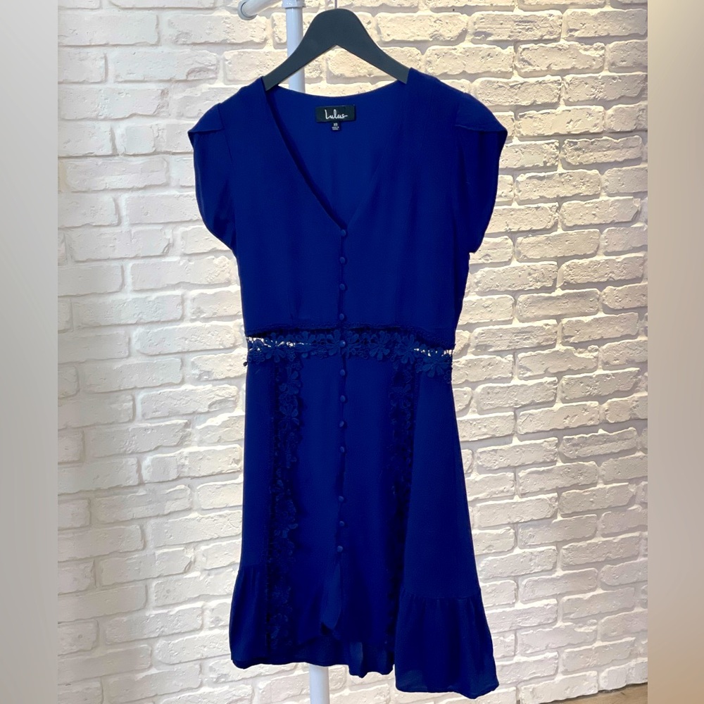 Lulu’s Navy Skater Dress with Crochet Waist Cut-Outs
